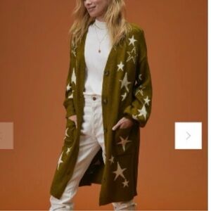 Anthropologie XL Soft Long Line Balloon Sleeve Intarsia Star Cardigan in Olive